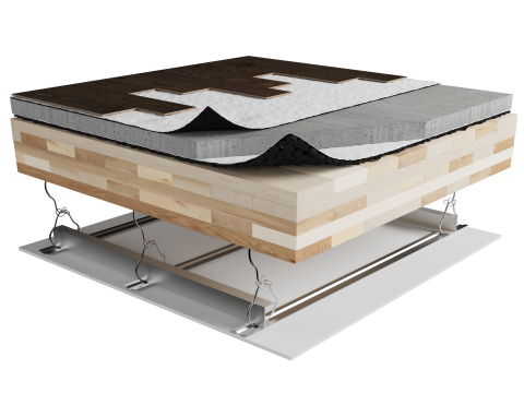 IRK-4M1 | Laminate | Floating | Insonofloor (Soprema) | Floating | 1“1/2 concrete topping  | Insonomat (Soprema) | Mass timber | Furring strips | Ceiling image