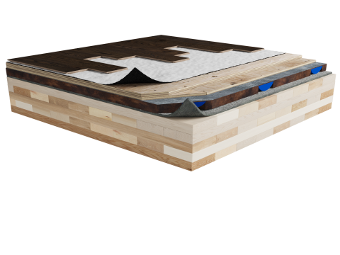 X85-HVY | Laminate | Floating | Insonofloor (Soprema) | Floating | 1/2'' plywood | 5/8'' plywood | AcoustiTECH SOFIX | AcoustiTECH Lead 6 | Mass timber image