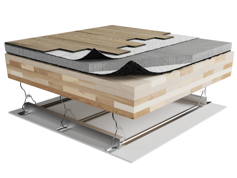 LNE-Y86 | Wood | Floating | Insonofloor (Soprema) | Floating | 1“1/2 concrete topping | Insonomat (Soprema) | Mass timber | Furring strips | Ceiling image