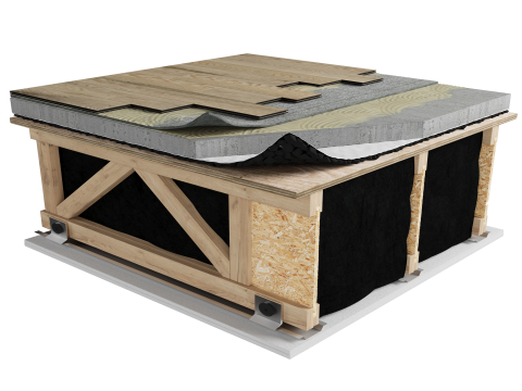LWF-NN3 | Wood | Glued | AcoustiTECH Lead 3.3 | Glued |1“1/2 concrete topping | Insonomat (Soprema) | Light wood | Acoustic isolator | Ceiling image