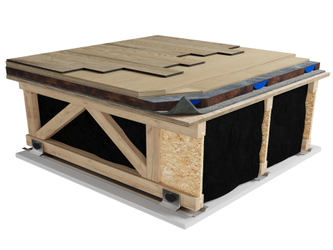 LWF-HNX | Wood | Nailed down | 1/2'' plywood | 5/8'' plywood | AcoustiTECH SOFIX | AcoustiTECH Lead 6 | Light wood | Acoustic isolator | Ceiling image