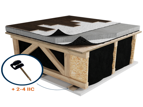 LWF-0Q0 | Laminate | Floating | Insonofloor (Soprema) | Floating | 1“1/2 concrete topping| Insonomat (Soprema) | Light wood |Resilient channels | Ceiling image