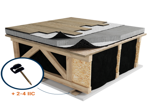 LWF-1R2 | Wood | Floating | Insonofloor (Soprema) | Floating | 1“1/2 concrete topping | Insonomat (Soprema) | Light wood |Resilient channels | Ceiling image