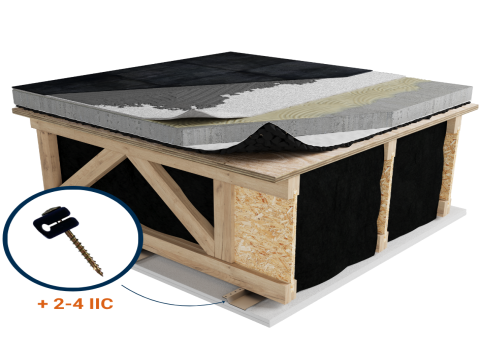 LWF-UAO | Ceramic | Mortar | AcoustiTECH Ceramic | Glued |1“1/2 concrete topping | Insonomat (Soprema) | Light wood | Resilient channels | Ceiling image