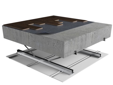 P4B-70L | Laminate | Floating | AcoustiTECH VP | Floating | Concrete slab (approximately 3-4“) | Steel | Furring strips | Ceiling image