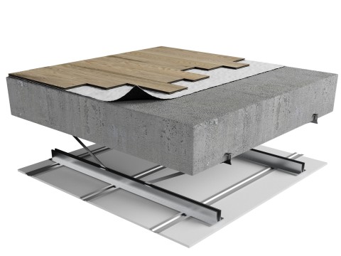 Z2F-T5Q | Wood | Floating | Insonofloor (Soprema) | Floating | Concrete slab (approximately 3-4“) | Steel | Furring strips | Ceiling image