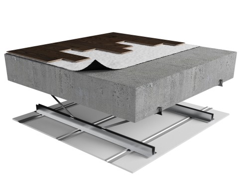 STL-GK7 | Laminate | Floating | Insonofloor (Soprema) | Floating | Concrete slab (approximately 3-4“) | Steel | Furring strips | Ceiling image