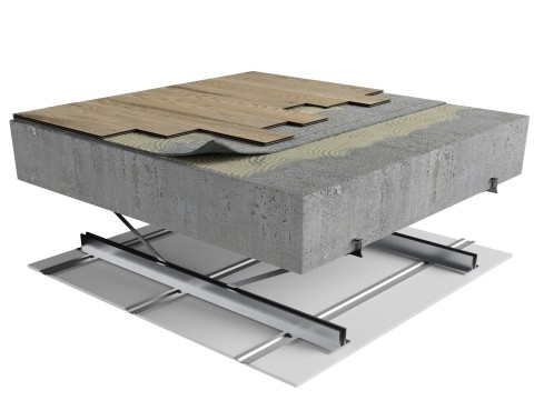 DB5-N69 | Wood | Glued | AcoustiTECH Lead 4.5 | Glued | Concrete slab (approximately 3-4“) | Steel | Furring strips | Ceiling image