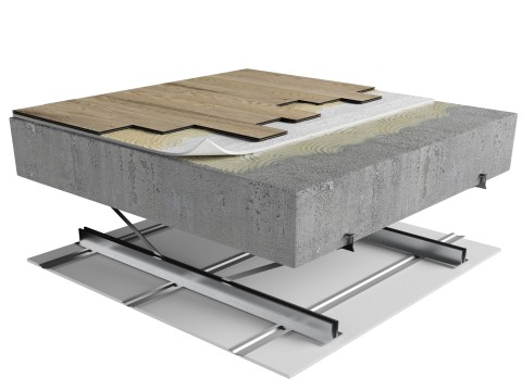 STL-6YT | Wood | Glued | AcoustiTECH 7000 | Glued | Concrete slab (approximately 3-4“) | Steel | Furring strips | Ceiling image